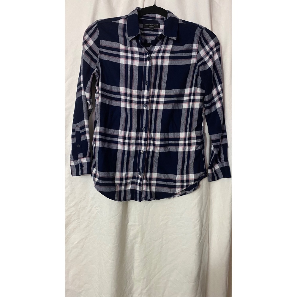 Banana Republic Boyfriend Fit Plaid Flannel Shirt Navy Pink XS Petite